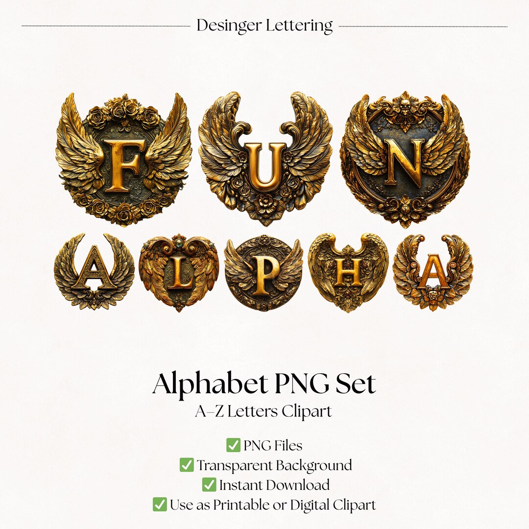 Angel Wing Clipart Alphabet Letters | PNG Fancy Gold Fonts | Decorative ...
