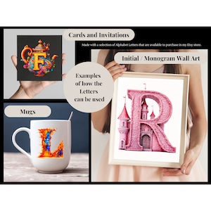 May include: Examples of how to use alphabet letters in different ways. A colorful teapot with the letter F, a white mug with the letter L in flames, and a pink castle-shaped letter R in a frame.