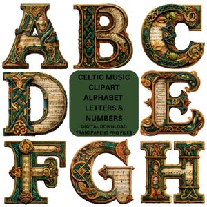 Puede incluir: Imagen de un alfabeto y n&uacute;meros celtas ornamentados. Cada letra est&aacute; adornada con detalles verdes y dorados, algunos incorporan partituras musicales. Tambi&eacute;n est&aacute; presente el texto "CELTIC MUSIC CLIPART ALPHABET LETTERS & NUMBERS".