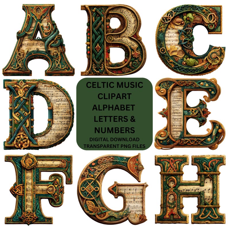 Puede incluir: Imagen de un alfabeto y n&uacute;meros celtas ornamentados. Cada letra est&aacute; adornada con detalles verdes y dorados, algunos incorporan partituras musicales. Tambi&eacute;n est&aacute; presente el texto "CELTIC MUSIC CLIPART ALPHABET LETTERS & NUMBERS".