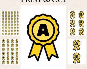 PRINT AND CUT Letters & Numbers | Printable Yellow Merit Badges | Classroom Lettering for Banners, Signs and Bulletin Boards