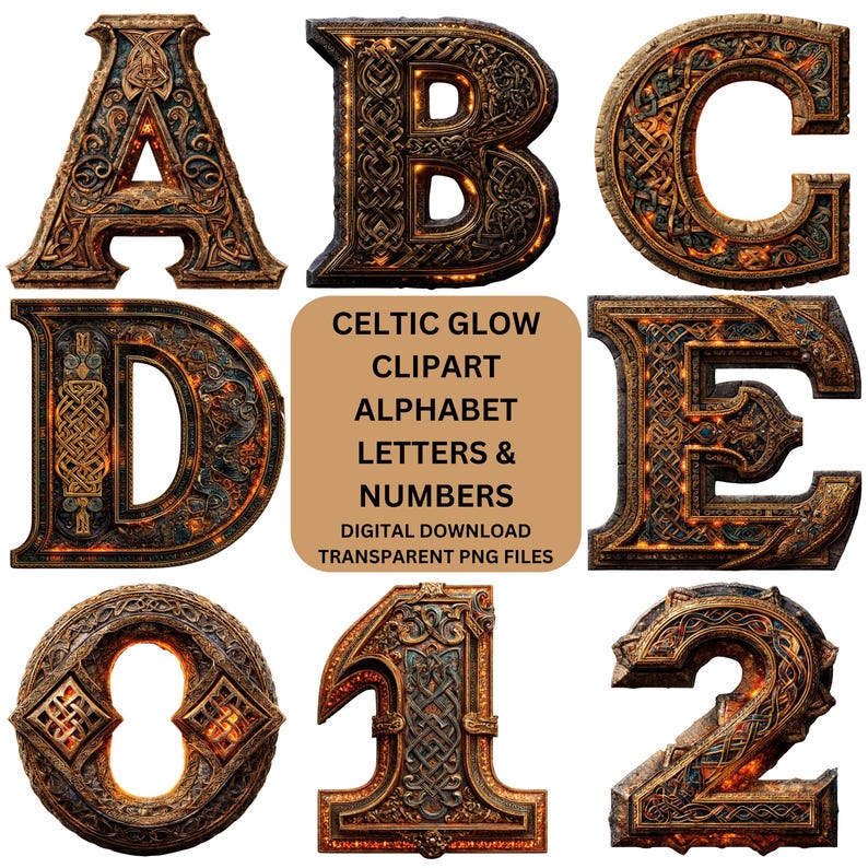 Celtic Clipart Alphabet Letters and Numbers | PNG Irish Fonts | Digital ...