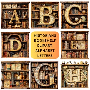 Historiker Bücherregal Alphabet Buchstaben für Cricut & Silhouette Clip Art Bilddateien, druckbares Digital Design Bundle, Scrapbooks und Journals