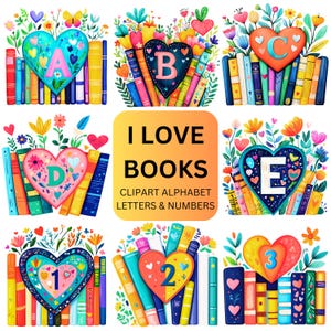 Clipart di Booklover, set di lettere dell&#39;alfabeto e numeri per insegnanti, disegni PNG, grafica per biblioteca, clipart di libri di lettura accoglienti e lavoretti fai da te per topi di biblioteca