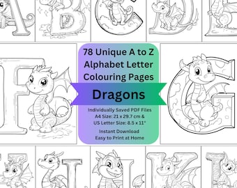Dragon Coloring Pages Alphabet Letter Greyscale Colouring Page, DIY Craft Digital Download, Easy Cute Fantasy Printable Art for Teens & Kids
