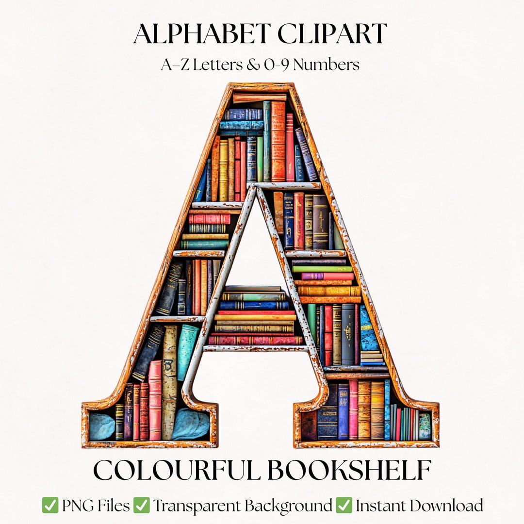Bookcase Alphabet Clipart | Colourful Library Bookshelf A-Z Letters ...