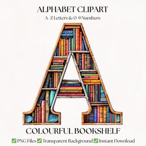 Bücherregal Alphabet Clipart | Buntes Bibliothek Bücherregal A-Z Buchstaben & Zahlen PNG | Digitaler Download