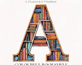 Bookcase Alphabet Clipart | Colourful Library Bookshelf A-Z Letters & Numbers PNG | Digital Download