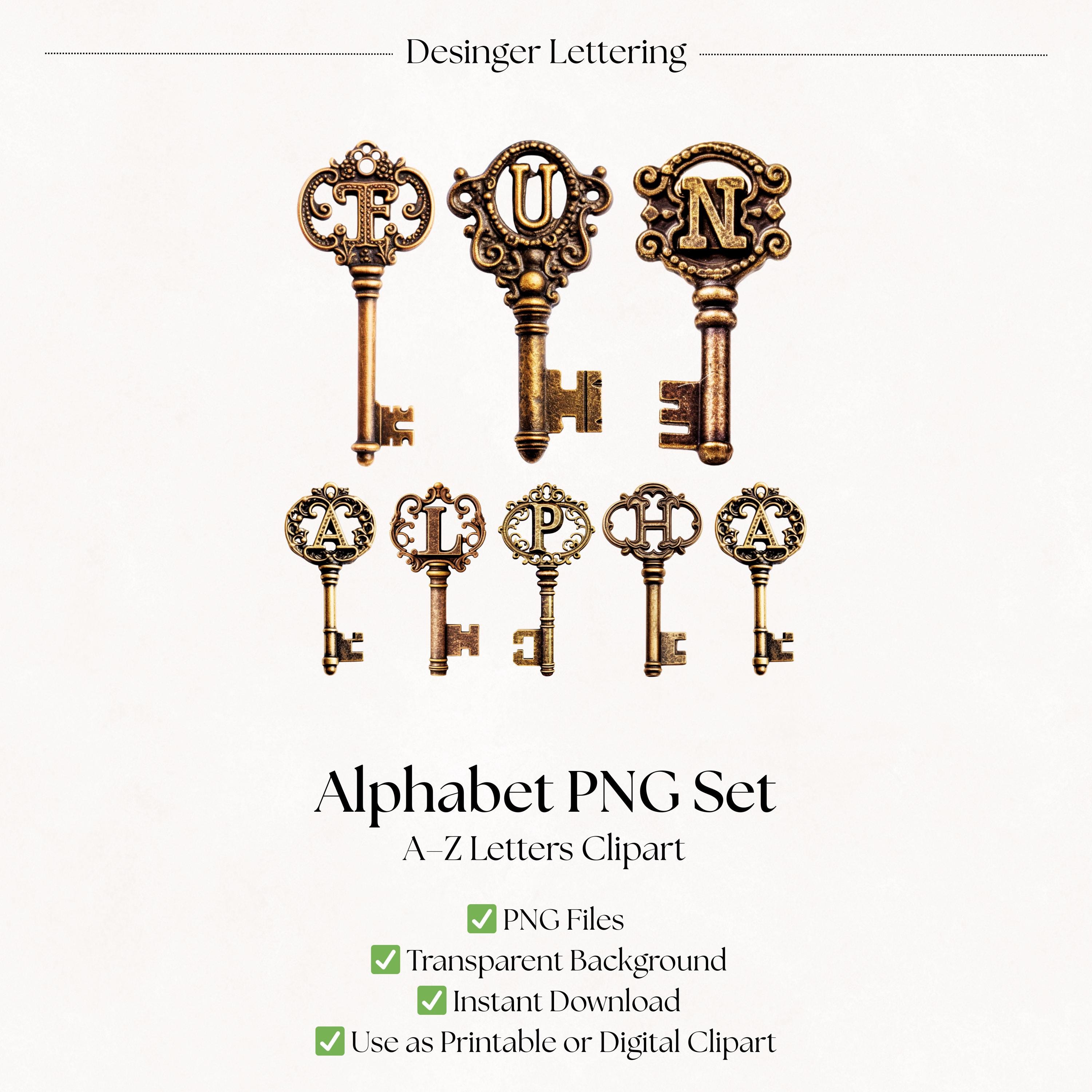 Key Clipart Alphabet Letters | Vintage Bronze Lettering Font PNG Images ...