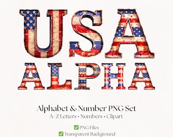 Rustic USA Clipart Letters and Numbers | American Flag Alphabet Set | America Typography | Digital Download Font
