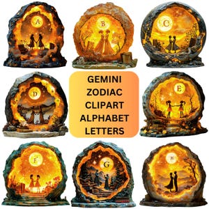 Gemini Zodiac Clipart Alphabet Letters | Celestial Gemini PNG | Horoscope Astrology Clipart for Printable & Digital Projects and DIY Designs