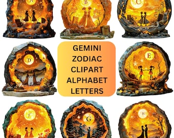 Gemini Zodiac Clipart Alphabet: Celestial PNG Letters (Digital Download