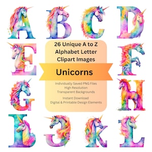Watercolor Unicorn Clipart Alphabet Letters for Iron On Patch Sublimation Designs, Junk Journal Scrapbook DIY Crafts & Digital Art PNG Files