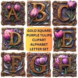Tulip Clipart Purple Floral Alphabet Letter PNG Files, Invitation Clip Art, Tulips Artwork Vintage Print, Scrapbooking Images Junk Journals