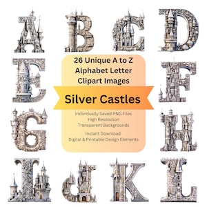 Castle Clipart Alphabet Letters PNG Files for Digital Download, Scrapbooking Vintage Ephemera Junk Journal, DIY Cricut Arts Crafts and Cards