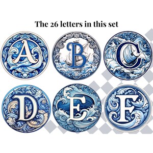 May include: Six round ceramic tiles with blue and white designs featuring the letters A through F. Each tile has a stylized letter in white with a blue background and a nautical design with waves and a sailboat.