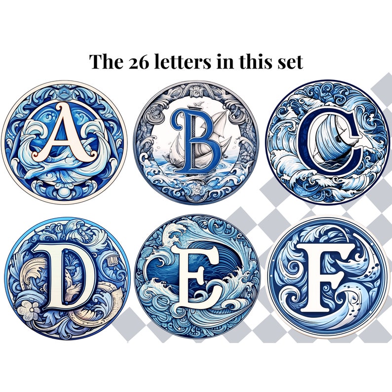 May include: Six round ceramic tiles with blue and white designs featuring the letters A through F. Each tile has a stylized letter in white with a blue background and a nautical design with waves and a sailboat.