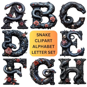Letras do alfabeto de clipart de cobra, adesivos de animais de serpente mística, arquivos de decalque Cricut de silhueta de cobras, clipart gótico de terror de Halloween PNG