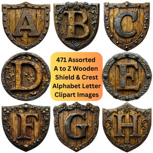 Wooden Shield & Crest Clipart Alphabet Letter PNG Files, Medieval Knight Warrior Viking Armor Fancy Initial Monogram Fantasy Clip Art Bundle