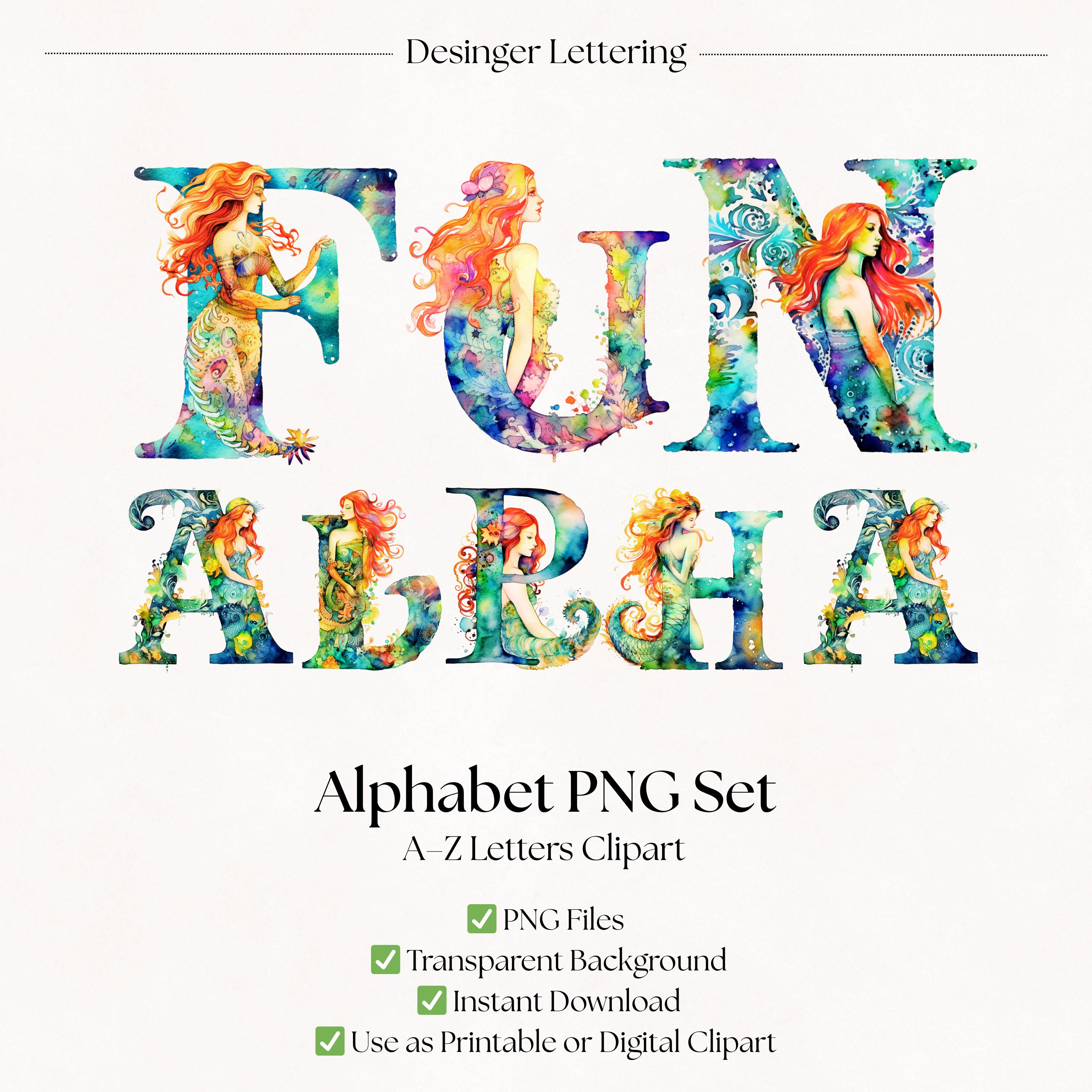 Watercolor Mermaid Clipart Alphabet Letters | PNG Fantasy Fonts ...