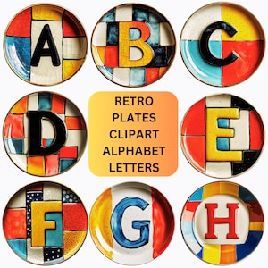 Letras do alfabeto clipart de prato de jantar retrô, clipart de culinária PNG, letras digitais para impressão, itens de culinária retrô para artesanato e álbuns de recortes