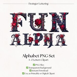 Gothic Red Rose Clipart Alphabet Letters | Floral PNG Font Lettering | Flower Typography Designs