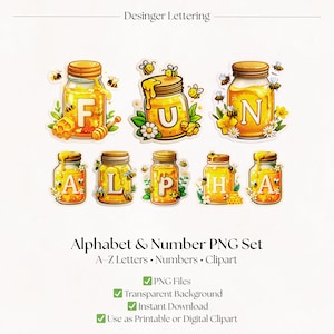 蜂のクリップアートアルファベット文字 | 蜂蜜の瓶のPNG画像 | スイートフォントレタリング | デジタルダウンロード
