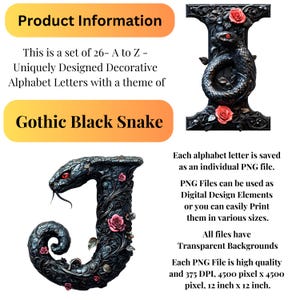 May include: A set of 26 gothic black snake alphabet letters. Each letter is a high-quality PNG file with a transparent background, 4500 pixels by 4500 pixels, and 12 inches by 12 inches.