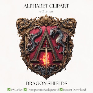 Dragon Clipart Alphabet Letters | Shield PNG Typography | Medieval Knight Lettering | Digital Download