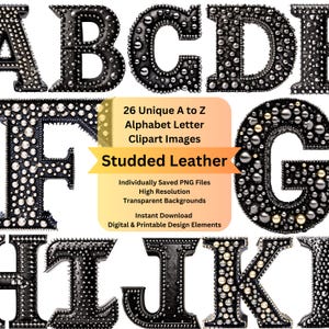 Alphabet Letter Clipart Font Bundle, Black Leather Themed Clip Art and Image Files, Printable Alphabet, Digital Alphabet Letters PNG Fonts