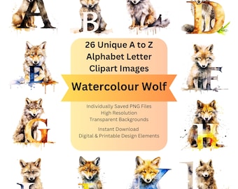 Wolf Clipart Animal Alphabet Watercolor Letters PNG for Wolves Woodland Animals Commercial Use Art, Cute Fonts for Cricut Designs DIY Crafts