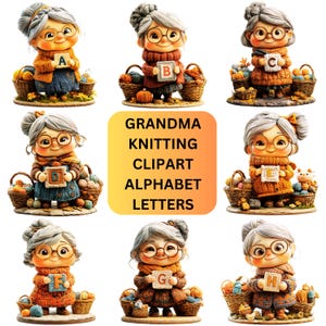 Imágenes prediseñadas de abuela tejiendo con letras del alfabeto PNG / Imágenes prediseñadas lindas de abuela con temática de arte del alfabeto para manualidades y regalos digitales e imprimibles