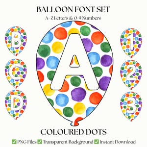 Puede incluir: Un conjunto de fuentes de globos de acuarela con letras A-Z y números 0-9. Cada globo está decorado con puntos de colores. La imagen incluye el texto "BALLOON FONT SET" y "COLOURED DOTS".