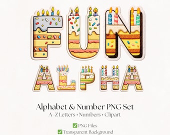 Birthday Cake Clipart Alphabet: Playful Cartoon Letters and Numbers (Digital Download)