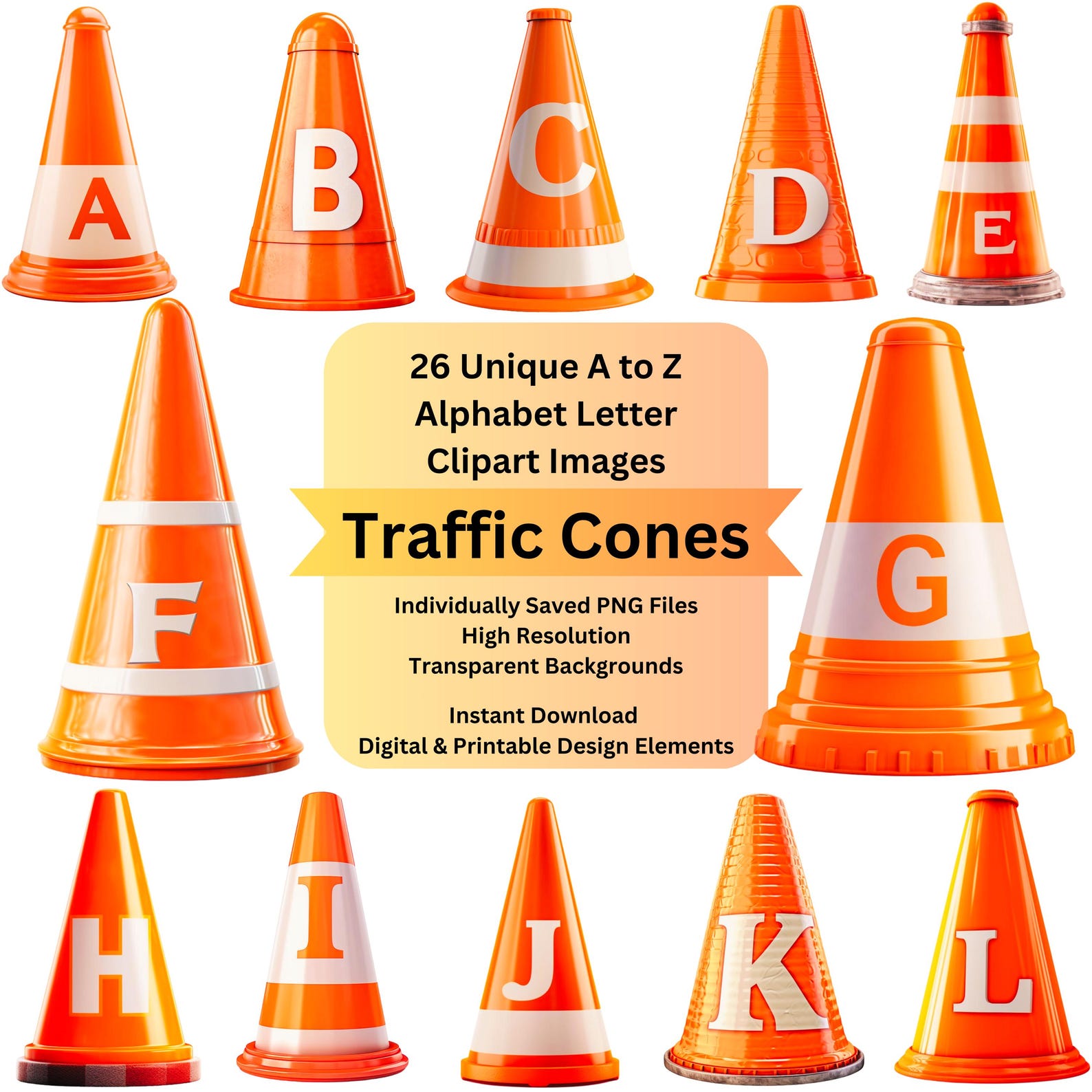 Traffic Cone Lettering Traffic Cone Clipart Alphabet Letters PNG File for Construction Digital ...