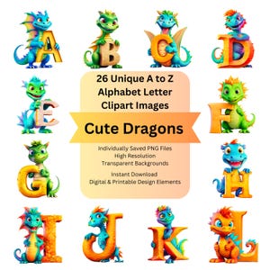 Dragon Clipart Instant Download Clipart Letters for Animal Alphabet, Printable Cricut Projects, DIY Arts and Crafts, Sublimation Designs PNG
