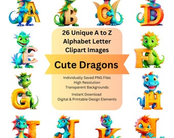 Dragon Clipart Instant Download Clipart Letters for Animal Alphabet, Printable Cricut Projects, DIY Arts and Crafts, Sublimation Designs PNG