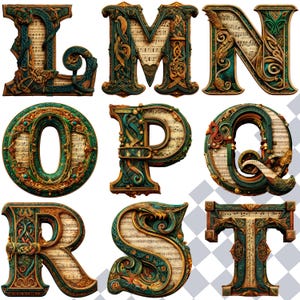 Puede incluir: Un conjunto de letras ornamentadas de estilo vintage: L, M, N, O, P, Q, R, S y T. Cada letra, con dise&ntilde;os intrincados, presenta una paleta de colores dorados y turquesas, con partituras musicales en su interior. El conjunto tiene un aspecto antiguo.