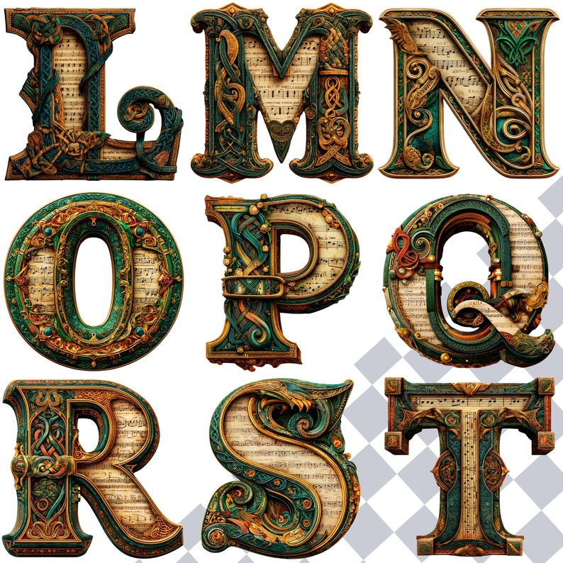 Puede incluir: Un conjunto de letras ornamentadas de estilo vintage: L, M, N, O, P, Q, R, S y T. Cada letra, con dise&ntilde;os intrincados, presenta una paleta de colores dorados y turquesas, con partituras musicales en su interior. El conjunto tiene un aspecto antiguo.