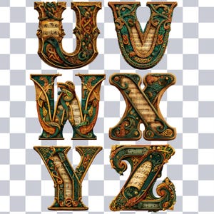 Puede incluir: Letras decorativas U, V, W, X, Y y Z. Cada letra presenta un dise&ntilde;o detallado con acentos verdes, dorados y marrones. Las letras est&aacute;n rellenas de partituras musicales, creando un aspecto &uacute;nico y art&iacute;stico. Ideal para proyectos de manualidades.