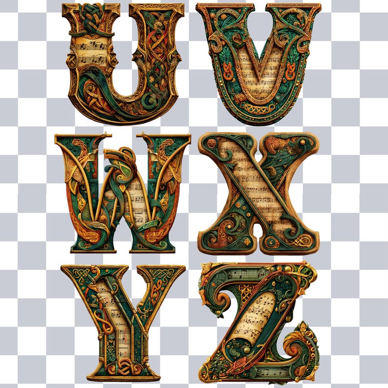 Puede incluir: Letras decorativas U, V, W, X, Y y Z. Cada letra presenta un dise&ntilde;o detallado con acentos verdes, dorados y marrones. Las letras est&aacute;n rellenas de partituras musicales, creando un aspecto &uacute;nico y art&iacute;stico. Ideal para proyectos de manualidades.