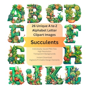 Succulent Clipart Alphabet Letters PNG Files for Cactus Digital Download, Scrapbooking Vintage Ephemera Junk Journal, Cricut DIY Arts Crafts