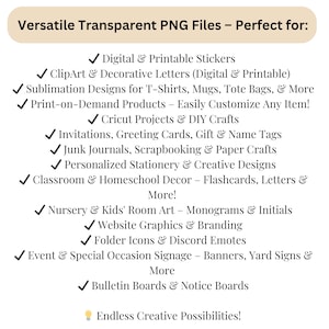 May include: A beige graphic with the text "Versatile Transparent PNG Files" and a list of uses, including stickers, clip art, sublimation designs, print-on-demand products, Cricut projects, invitations, and more. The image suggests endless creative possibilities.
