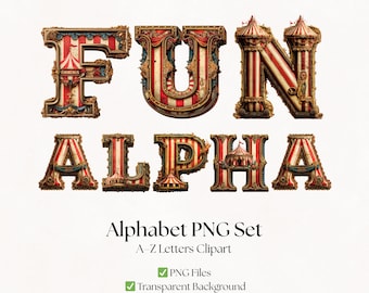 Vintage Circus Alphabet Clipart: Playful Carnival Font (PNG Files, Digital Download)