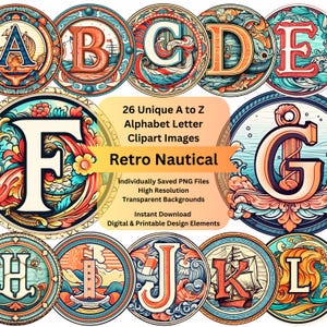 Clipart Alphabet PNG Nautical Themed Letters | Retro Font PNG for both Digital & Printable Alphabet Letters | Clip Art Alphabet Letters