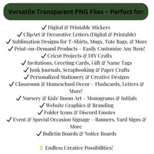 Puede incluir: Un gr&aacute;fico que enumera archivos PNG transparentes vers&aacute;tiles. El texto incluye usos para pegatinas digitales, im&aacute;genes predise&ntilde;adas, dise&ntilde;os de sublimaci&oacute;n, productos de impresi&oacute;n bajo demanda, proyectos Cricut, invitaciones y m&aacute;s. La imagen es verde y blanca.