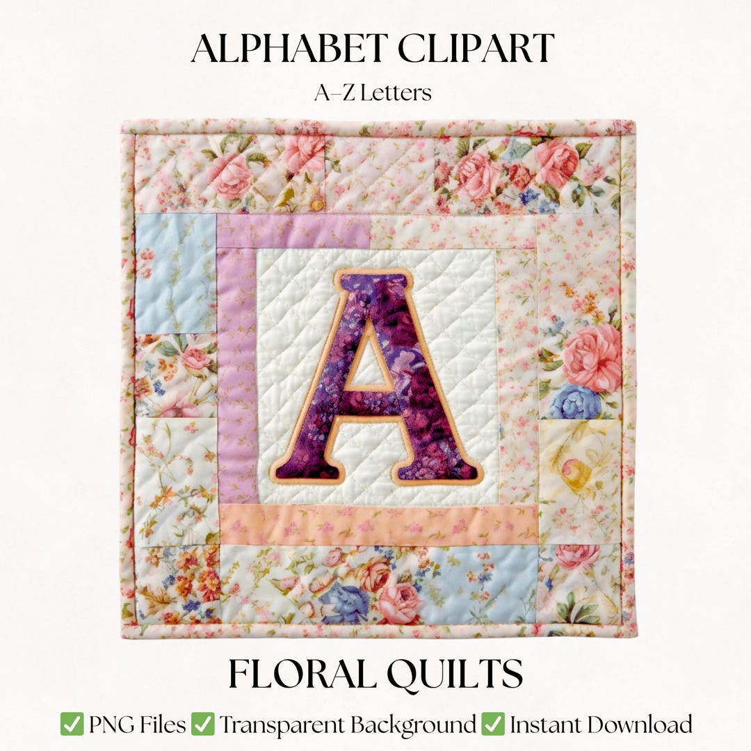 Floral Quilt Alphabet Letters Clipart | PNG Fonts for Journals ...