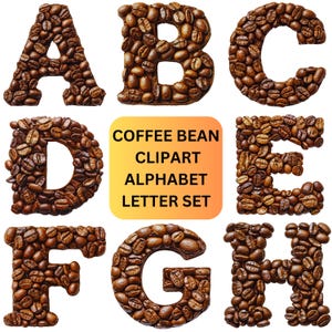 Coffee Bean Clipart Alphabet Letters, Quirky Clipart Bundle, Coffee Clip Art Graphics, Coffee Lover PNG Illustrations, Coffee Sublimation