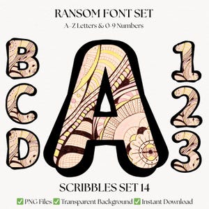 May include: A digital font set featuring the letters A, B, C, D, and numbers 1, 2, and 3. The letters and numbers have a black outline and are filled with a detailed, colorful pattern. The text "RANSOM FONT SET" and "SCRIBBLES SET 14" are also visible.