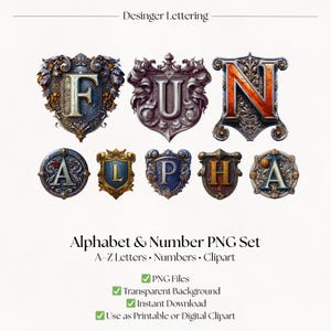 Medieval Shield Alphabet: PNG Clipart Letters & Numbers (Digital Download)
